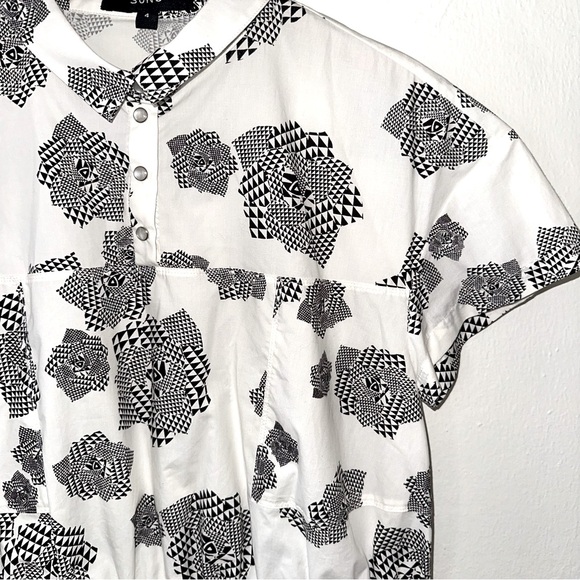 SUNO Mini Dress Geometric Print Black White Poplin Cotton Size 4 - Picture 2 of 5